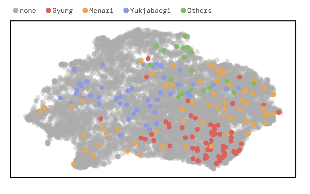 Finding Tori — 2D UMAP visualization of Korean folk-song embeddings